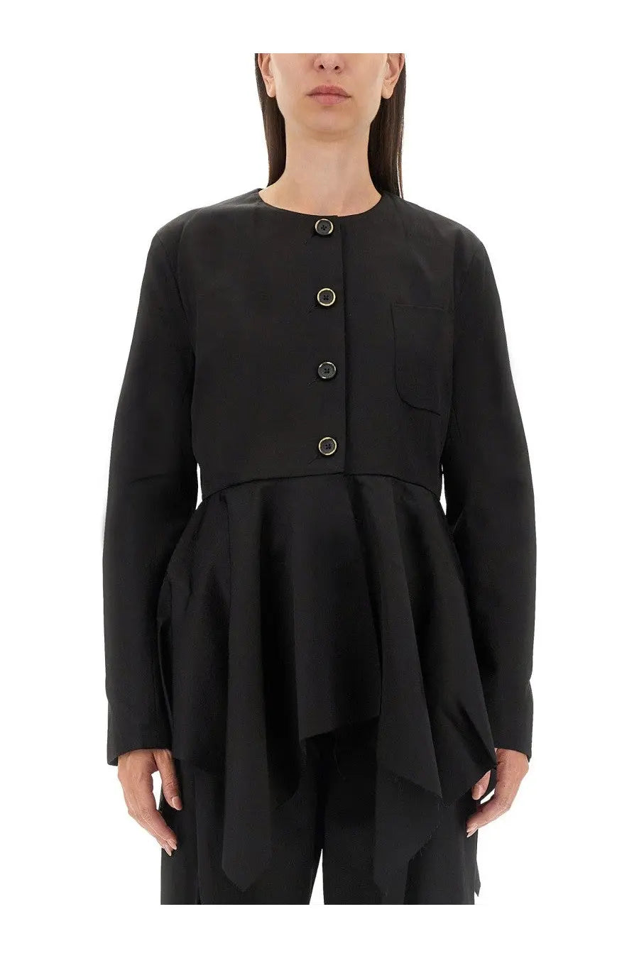 Uma Wang women’s Koney shirt black peplum jacket with structured bodice and five dark front buttons