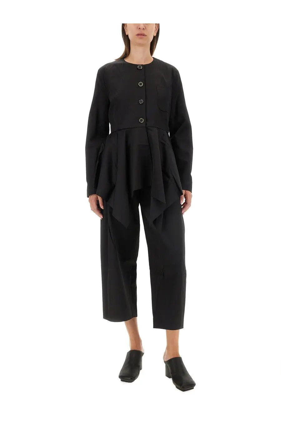 Uma wang women’s koney shirt black structured jacket with peplum hem and circular buttons