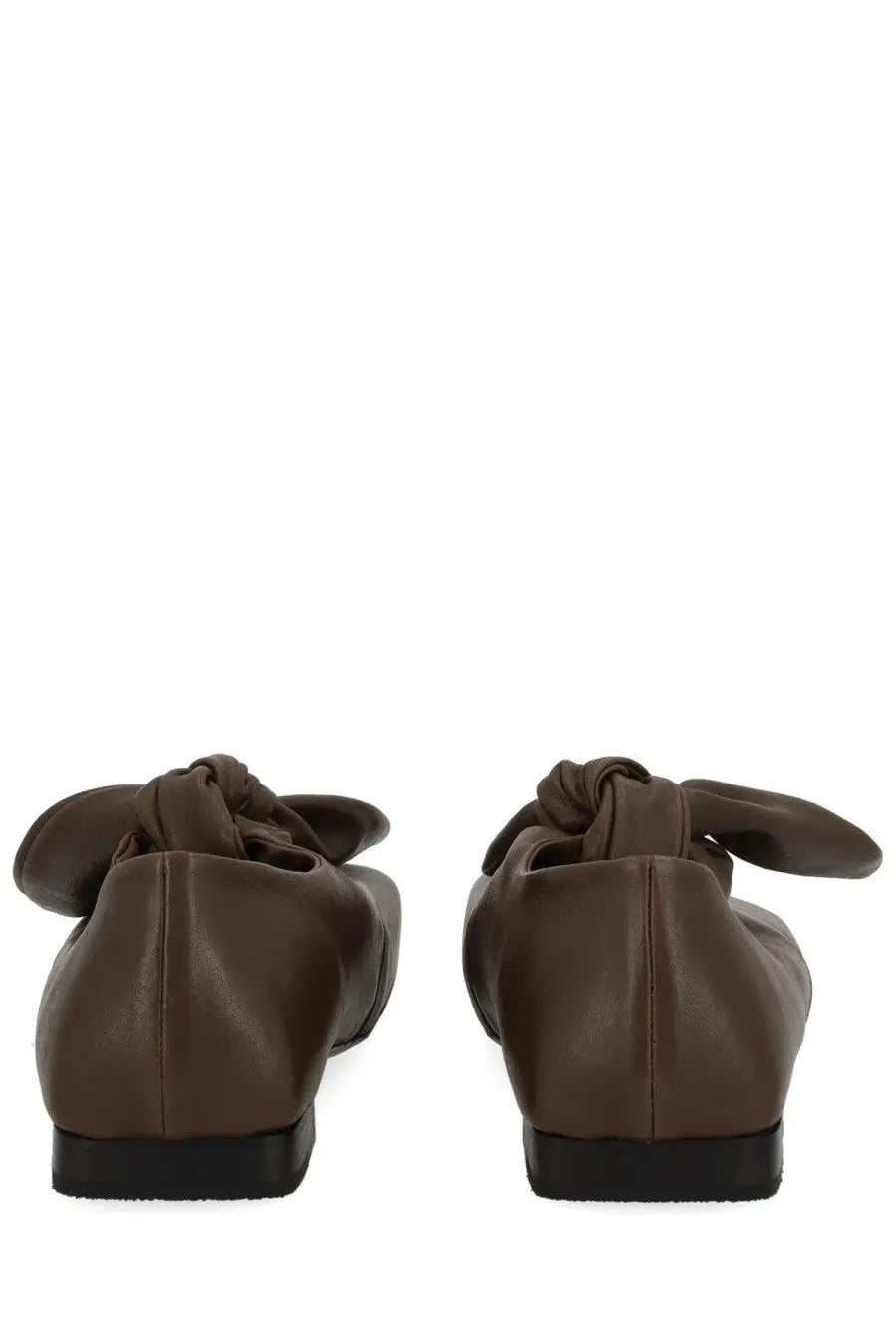 Back view of uma wang women’s grey leather lace up shoe with brown leather flats knotted bow detail at the back