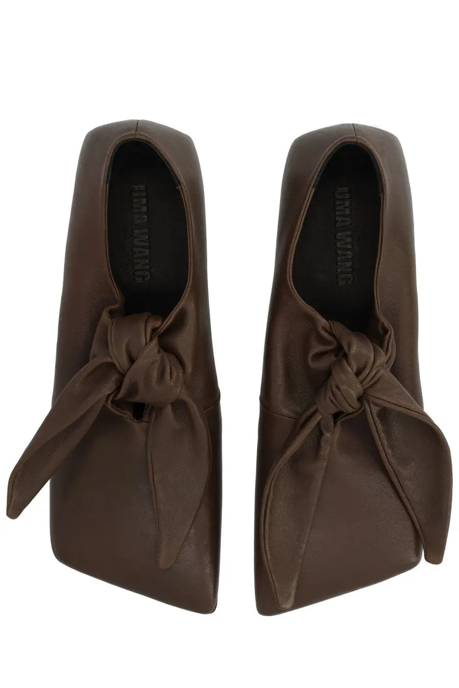 Brown leather loafers with tied bow detail at the front for women by uma wang in grey lace up shoe style