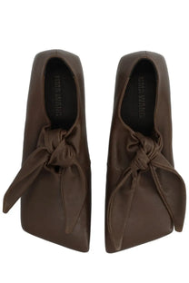 Brown leather loafers with tied bow detail at the front for women by uma wang in grey lace up shoe style