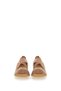 Beige leather mary jane flats with soft minimalist design and subtle stitching details from Uma Wang women’s leather ballerina blue