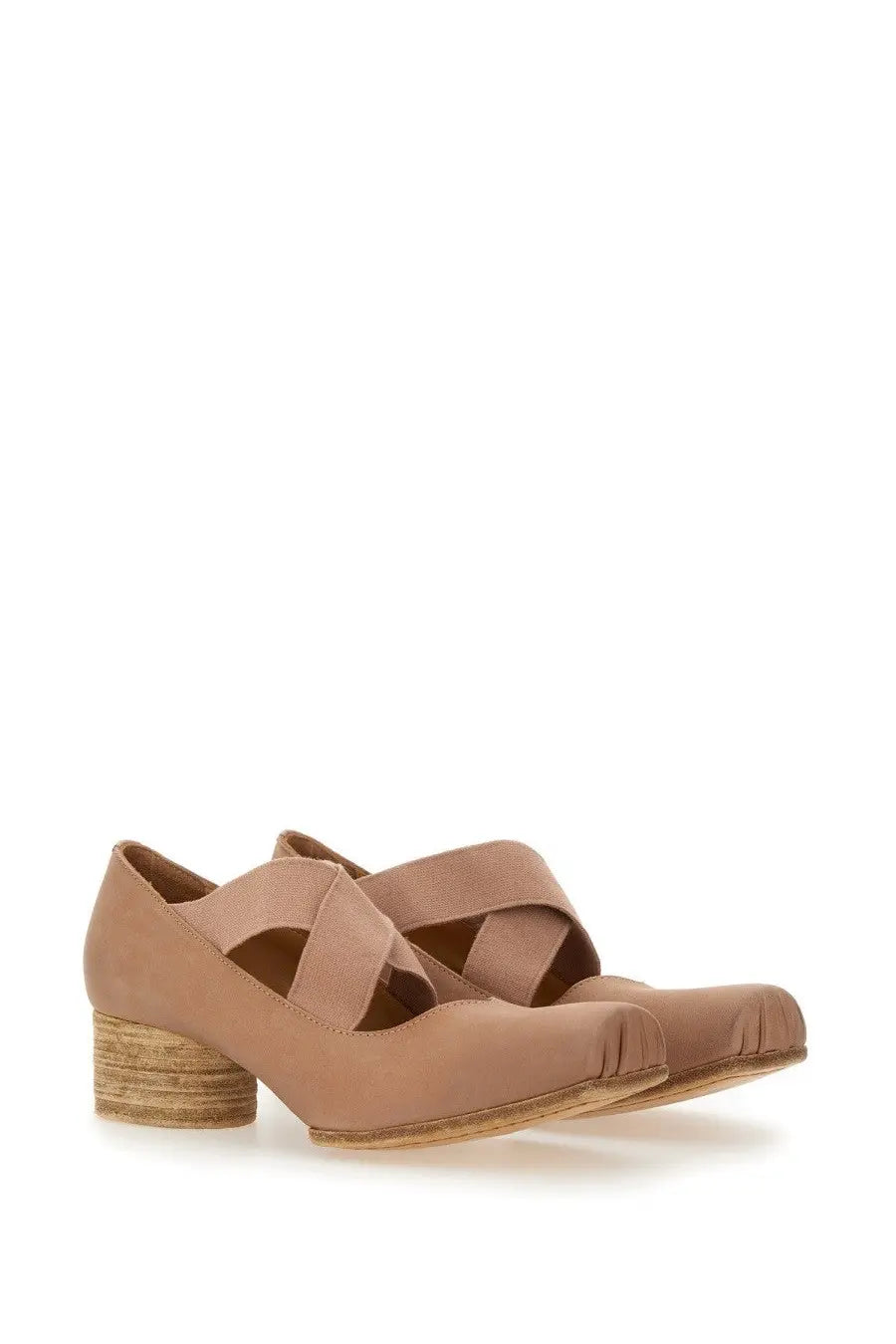 Uma Wang women’s blue leather ballerina shoes with tan leather mary jane style woven cork heel and crisscross strap design