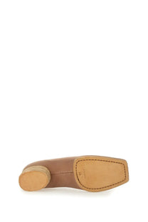 Uma Wang women’s leather ballerina blue pump with tan leather square heel and stitched detailing on the sole