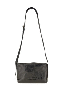 Uma Wang women’s black leather crossbody bag with glossy finish and sleek rectangular design with embossed brand name