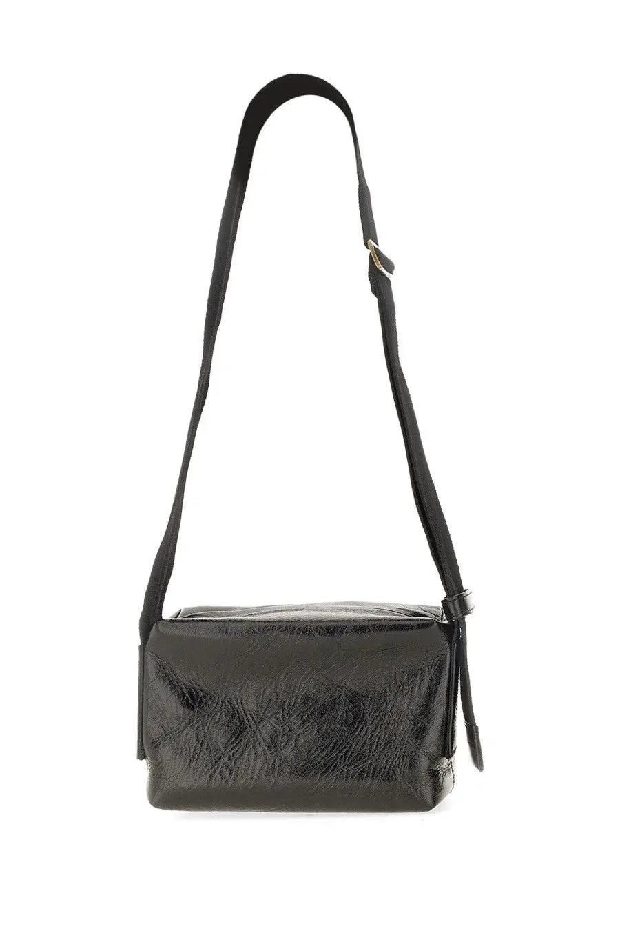 Uma Wang women’s black leather crossbody bag with glossy finish and adjustable strap in sleek minimalist design