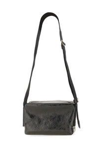 Uma Wang women’s black leather crossbody bag with glossy finish and adjustable strap in sleek minimalist design