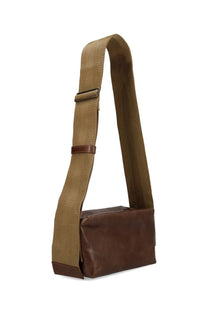 Uma Wang women’s brown leather and canvas crossbody shoulder bag with adjustable strap for everyday use