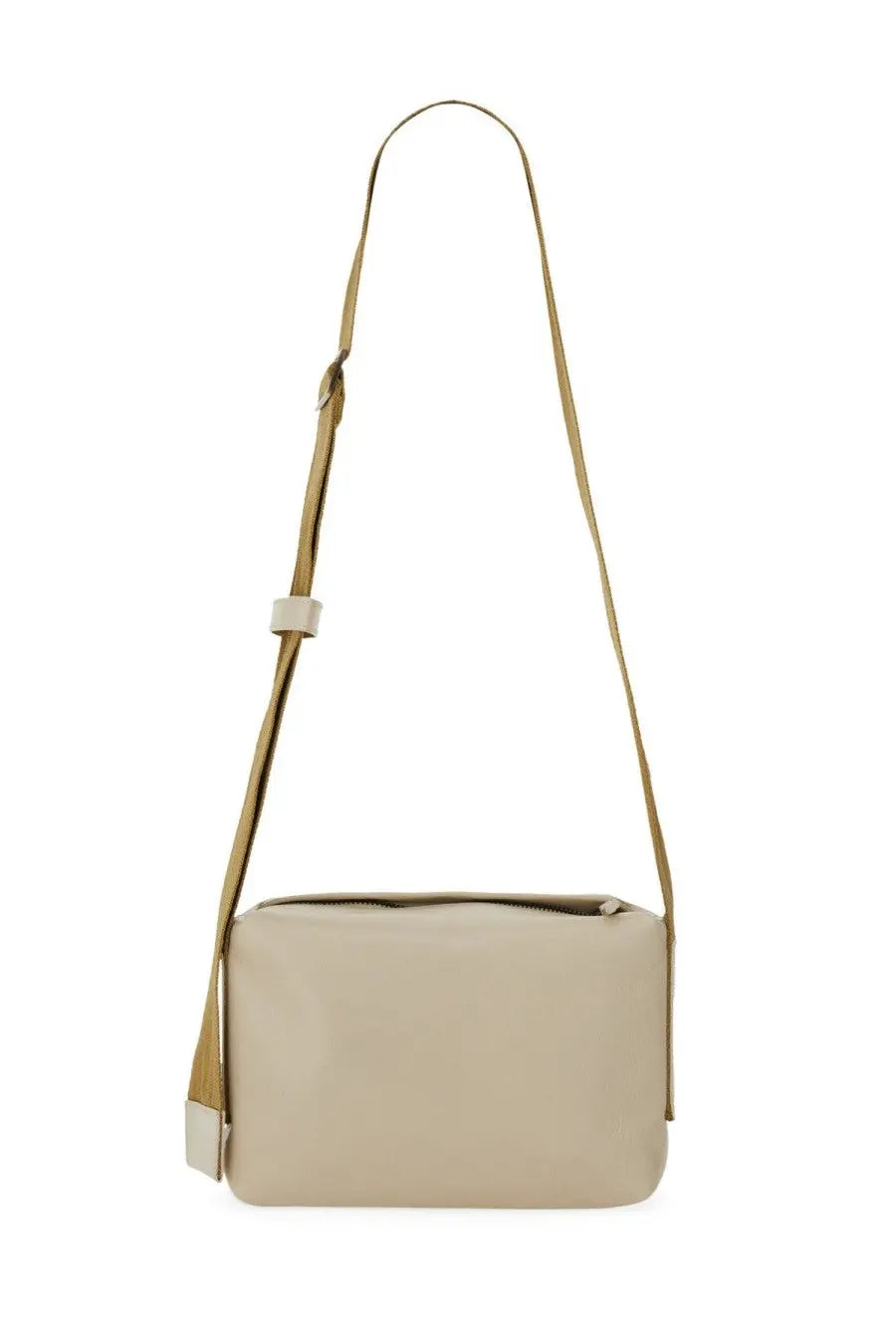 Beige leather uma wang womens shoulder bag with tan strap and white hardware accents for crossbody use