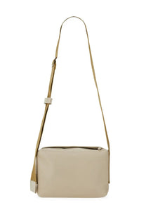 Beige leather uma wang womens shoulder bag with tan strap and white hardware accents for crossbody use