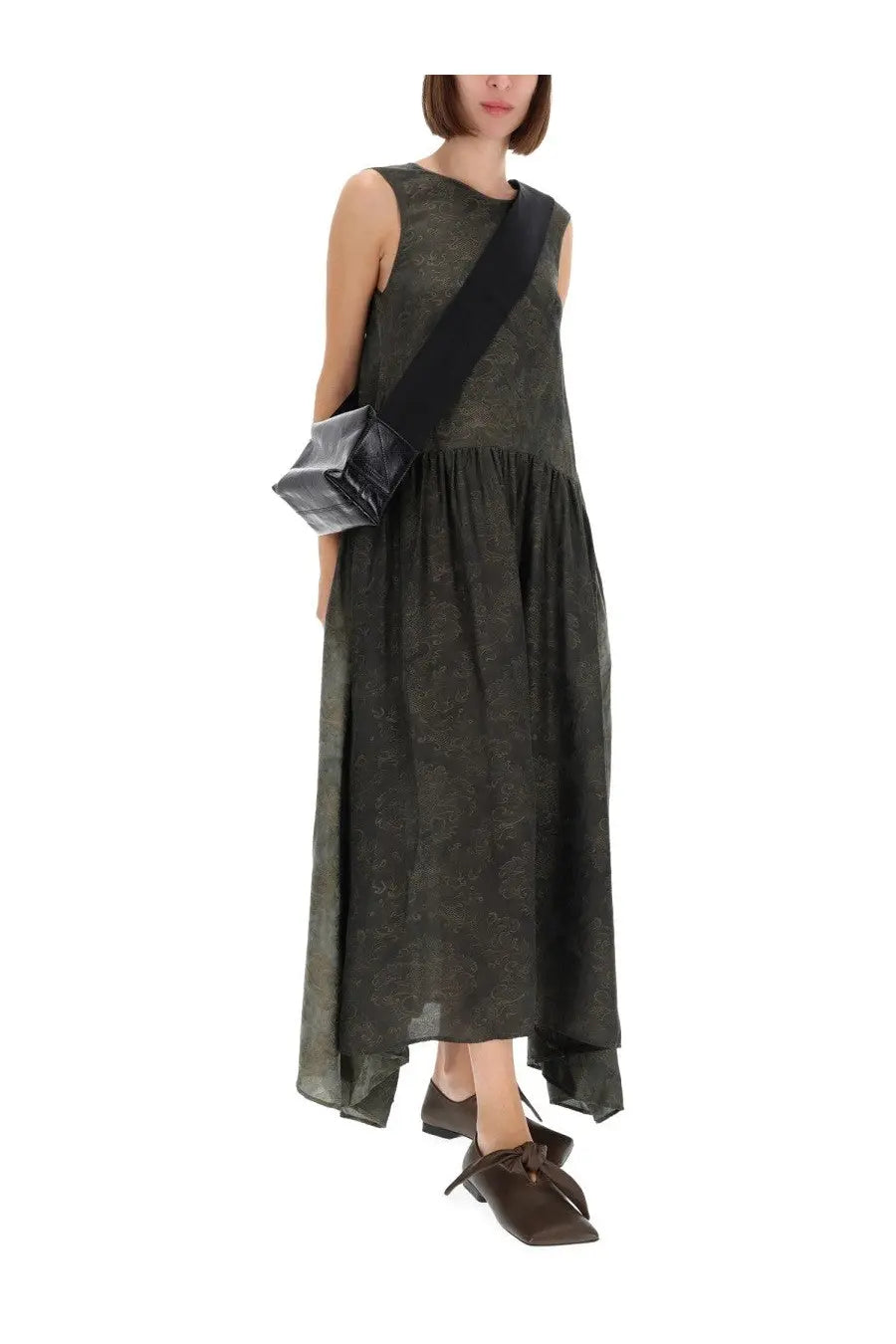 Uma Wang women’s long Avery dress in dark green sleeveless fabric with subtle pattern and asymmetrical hemline