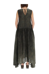 Uma Wang women’s long Avery dress green sleeveless dark olive with subtle pattern and asymmetrical hemline
