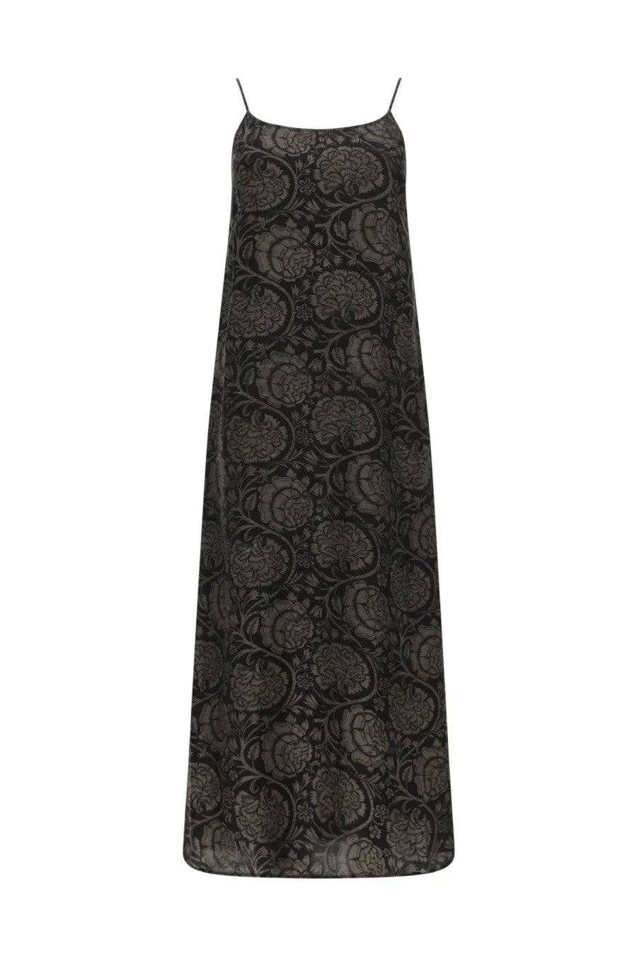 Uma Wang women’s long black satin slip dress Anaya with intricate floral pattern and thin spaghetti straps