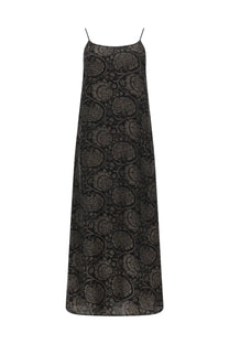 Uma Wang women’s long black satin slip dress Anaya with intricate floral pattern and thin spaghetti straps