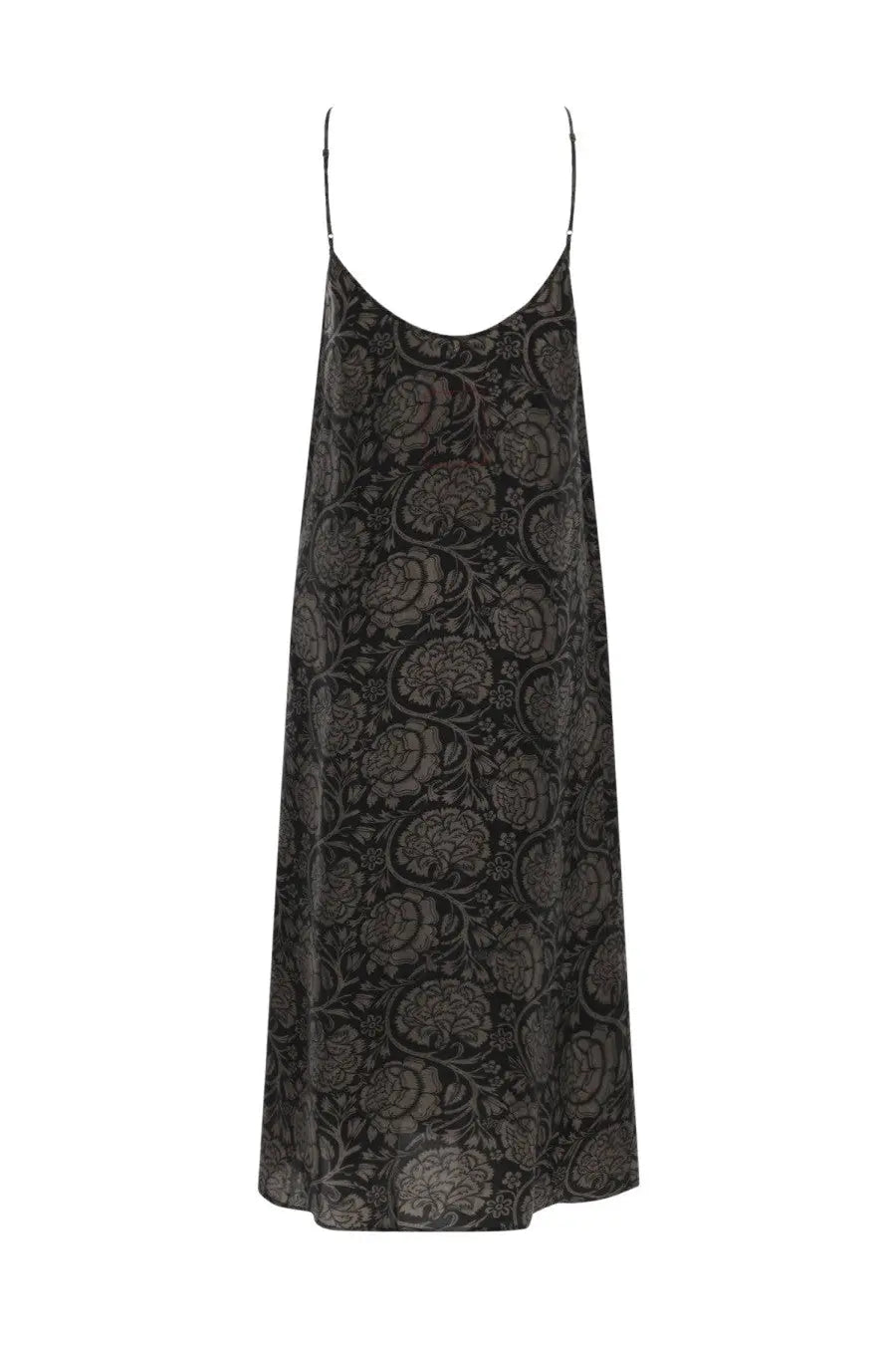 Uma Wang women’s long black satin slip dress with subtle floral pattern and thin spaghetti straps