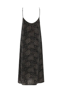 Uma Wang women’s long black satin slip dress with subtle floral pattern and thin spaghetti straps