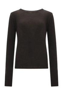 Uma Wang women’s long sleeved black top with a simple round neckline and smooth fitted fabric front view