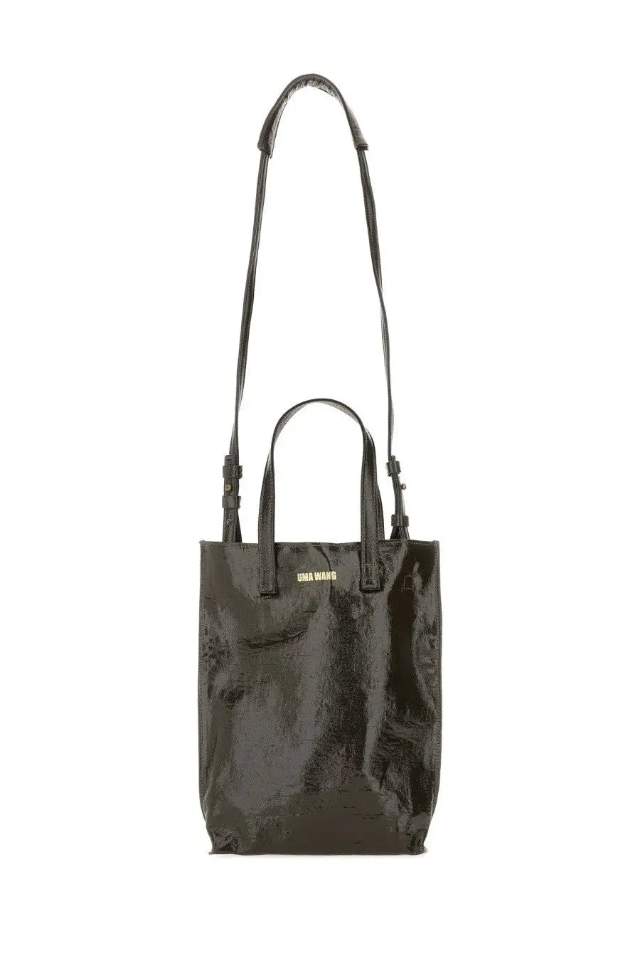 Black glossy patent leather uma wang medium tote bag with long shoulder strap and two short handles in brown
