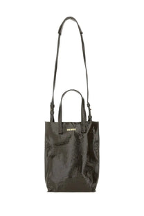 Black glossy patent leather uma wang medium tote bag with long shoulder strap and two short handles in brown