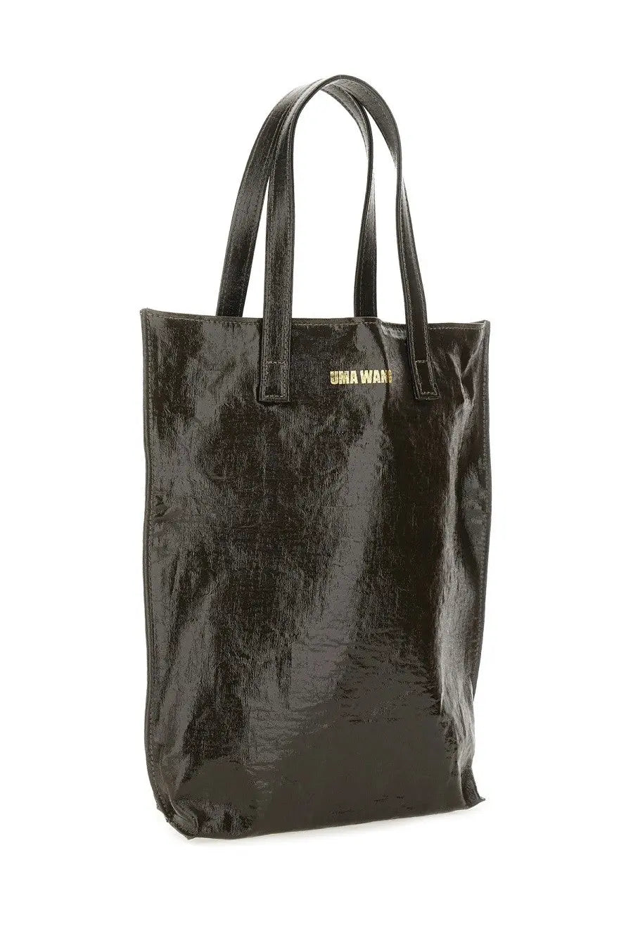 Uma Wang women’s medium tote bag in black glossy patent leather with gold-tone branding on the front