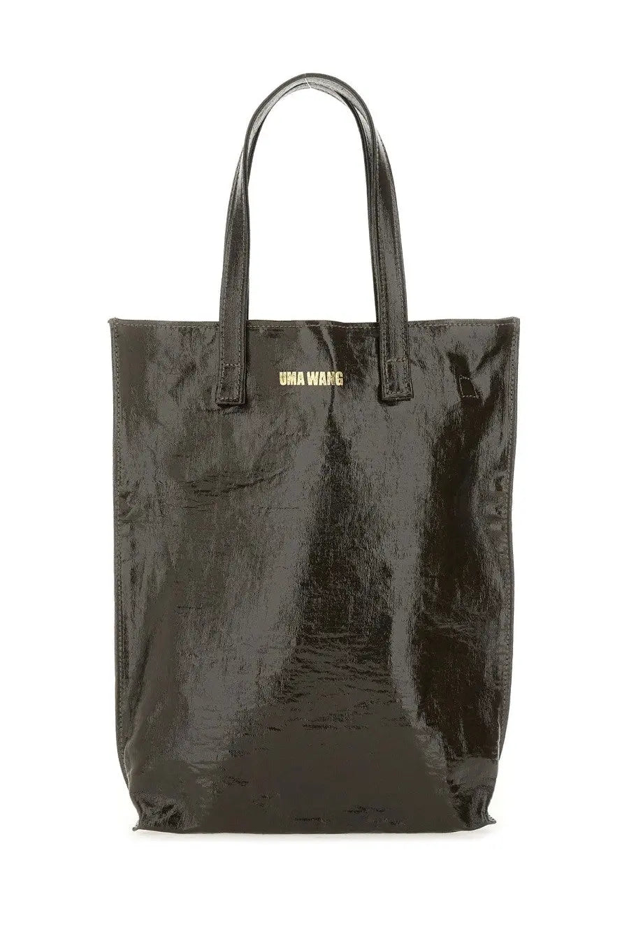 Black glossy vinyl uma wang women’s medium tote bag with gold branding on the front in brown tones