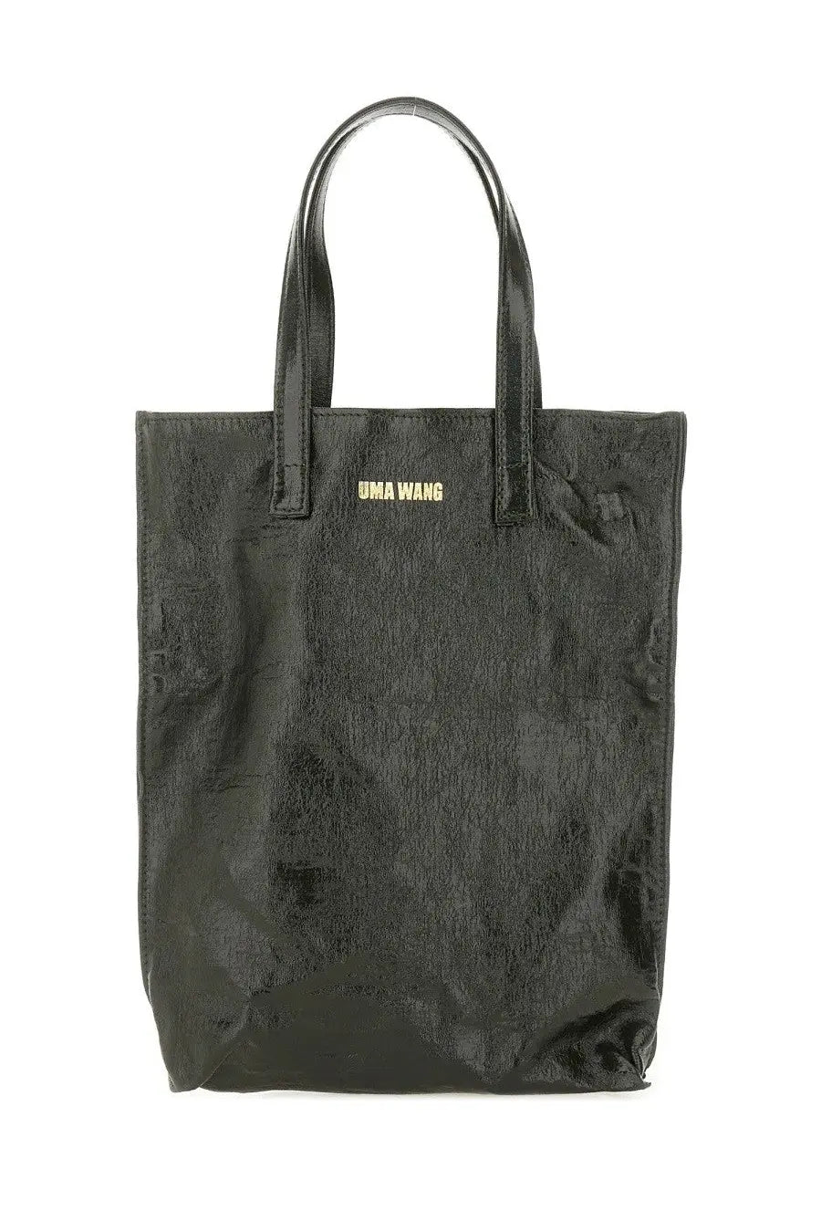 Black uma wang medium tote bag made of glossy textured material with gold-tone branding on the front