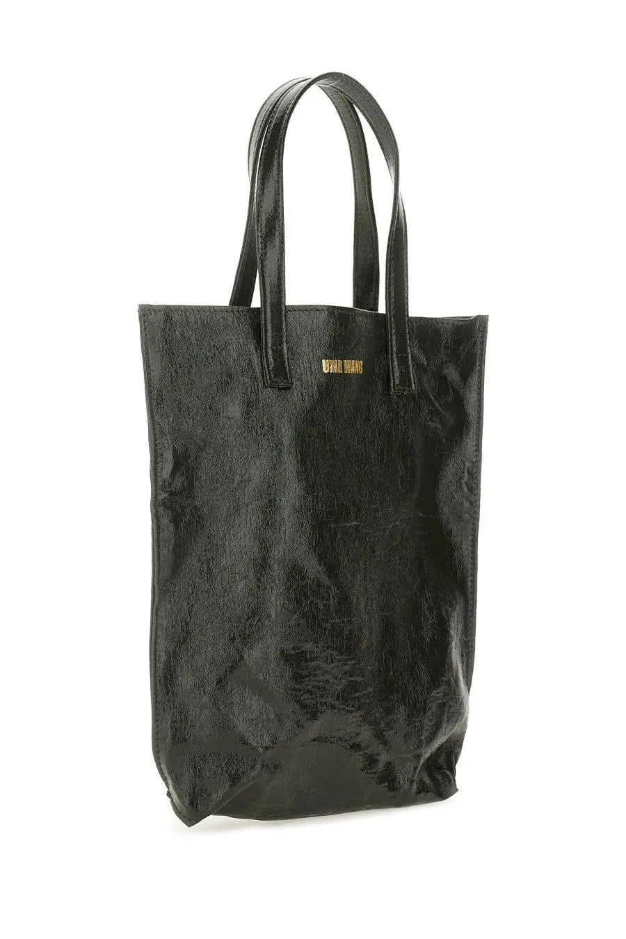 Black glossy leather tote bag with gold-tone logo plaque for uma wang women’s medium tote bag green