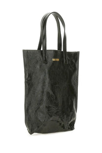Black glossy leather tote bag with gold-tone logo plaque for uma wang women’s medium tote bag green