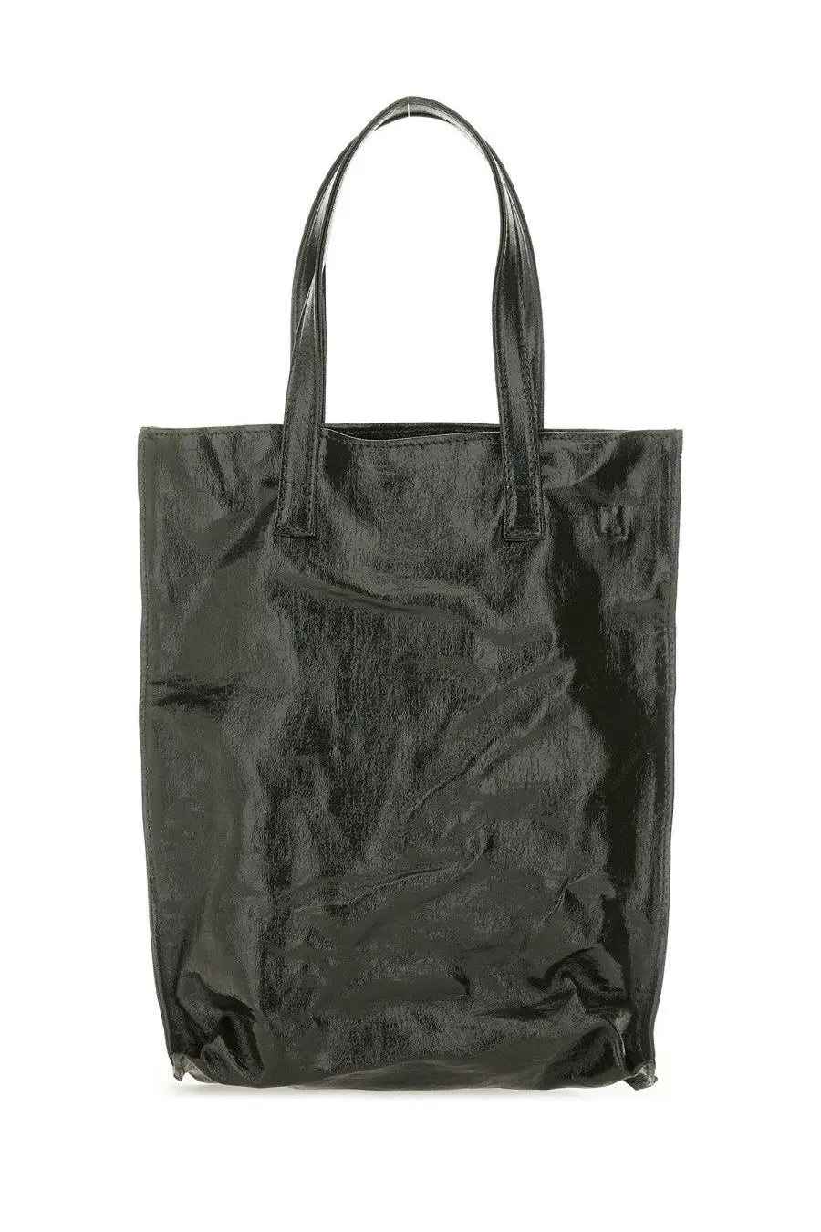 Black glossy vinyl tote bag with structured handles from uma wang womens medium tote bag collection in green