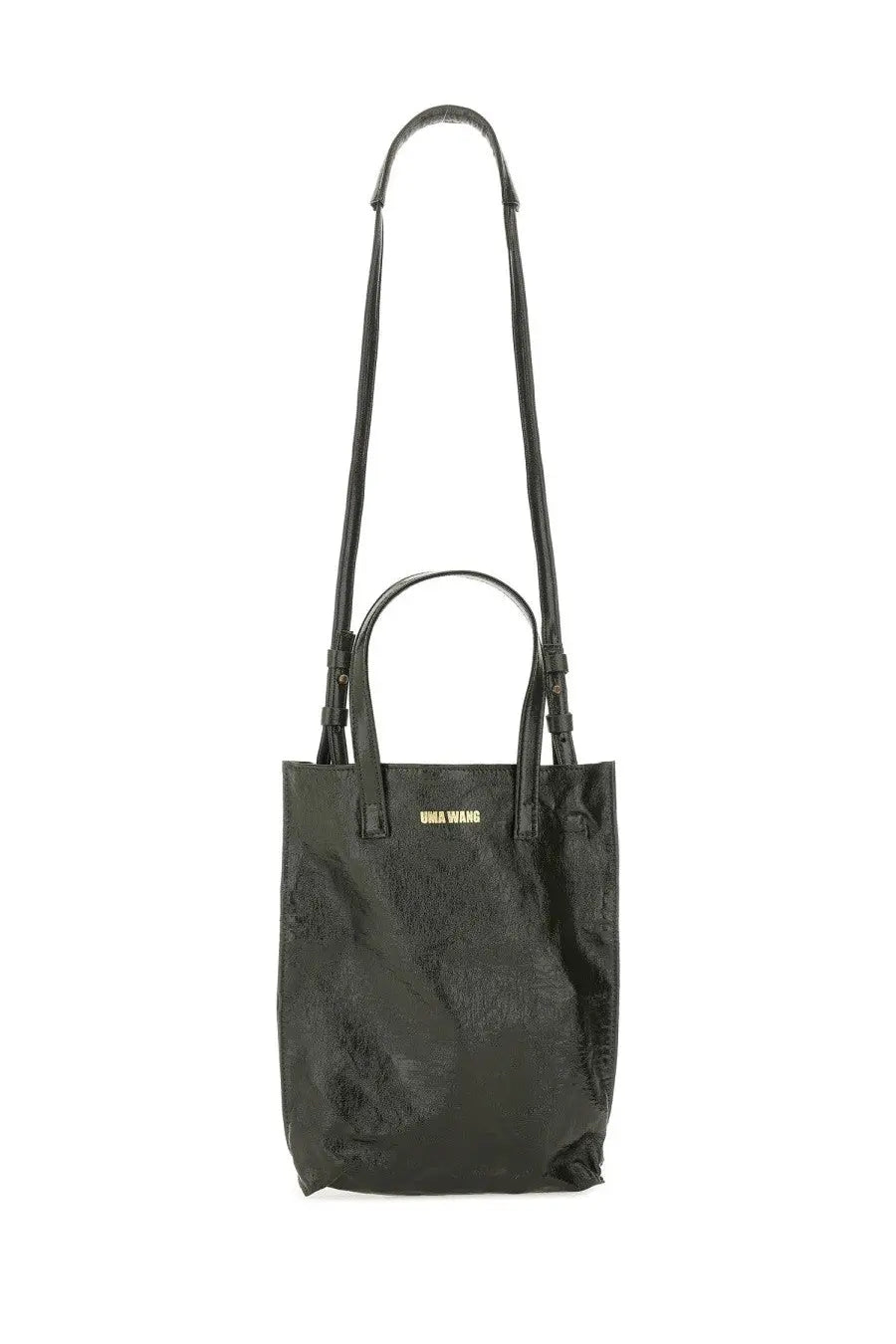 Black textured miu miu tote bag with long shoulder strap and gold logo on front for everyday use