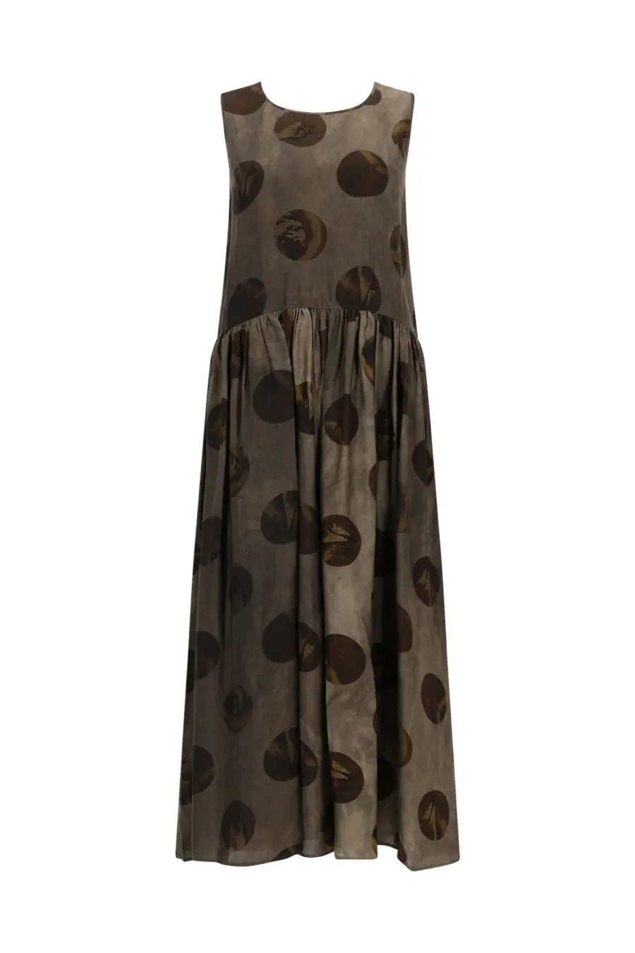 Uma Wang women’s midi dress adral brown sleeveless floor-length olive green fabric with dark brown circular motifs and gold accents