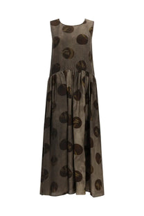 Uma Wang women’s midi dress adral brown sleeveless floor-length olive green fabric with dark brown circular motifs and gold accents