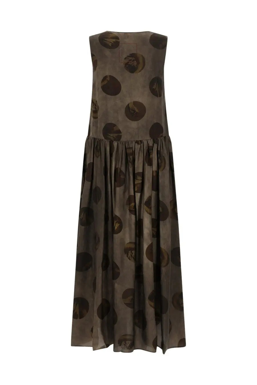 Uma wang women’s sleeveless midi dress in muted olive green fabric with large dark brown polka dots