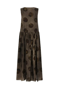 Uma wang women’s sleeveless midi dress in muted olive green fabric with large dark brown polka dots