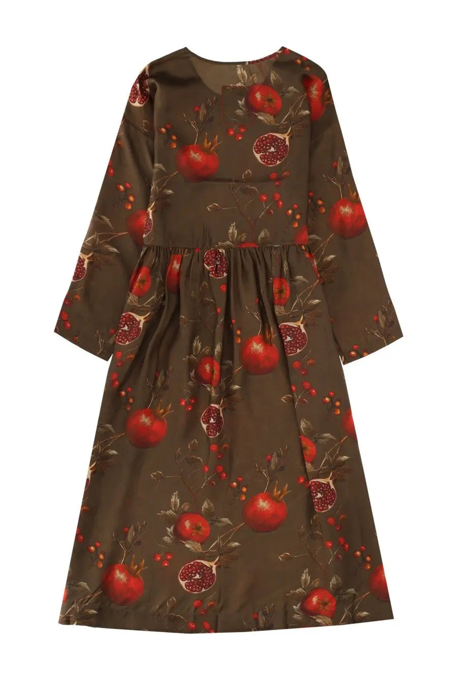Uma Wang women’s midi dress Alexa multicolor brown with vibrant red pomegranate and berry print long sleeves gathered waist