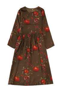 Uma Wang women’s midi dress Alexa multicolor brown with vibrant red pomegranate and berry print long sleeves gathered waist