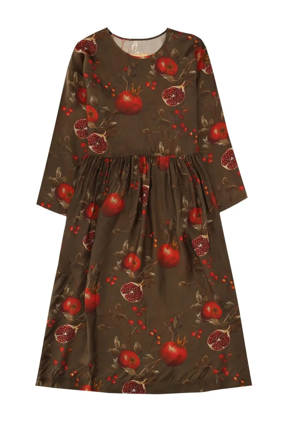 Uma Wang women’s midi dress alexa multicolor long-sleeved olive green with red pomegranate and green leaf pattern