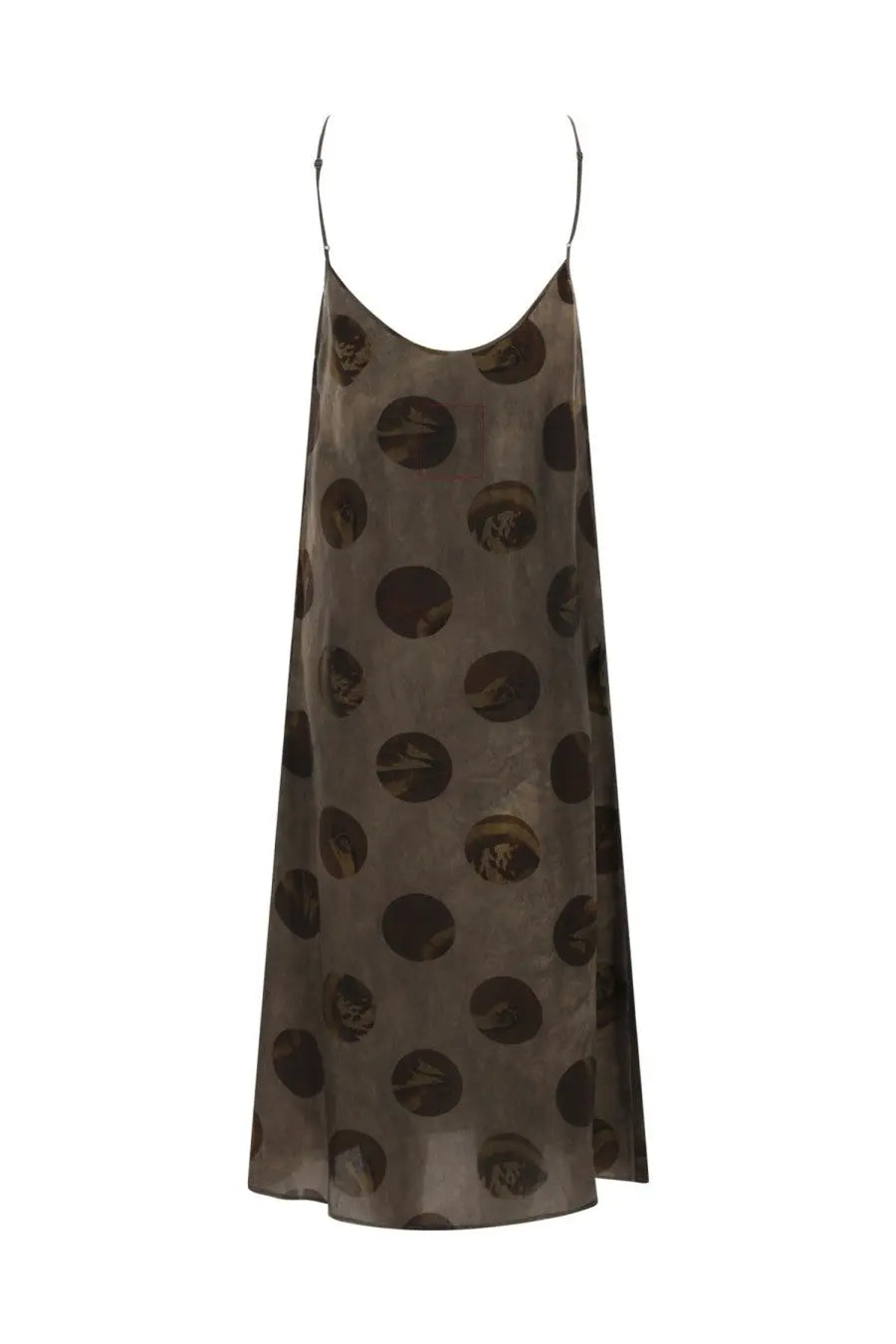 Uma Wang women’s midi slip dress in brown with flowing semi-sheer fabric and dark circular pattern