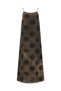 Uma Wang women’s midi dress Anaya brown in sleek dark gray satin with glossy black circular motifs and subtle gold accents