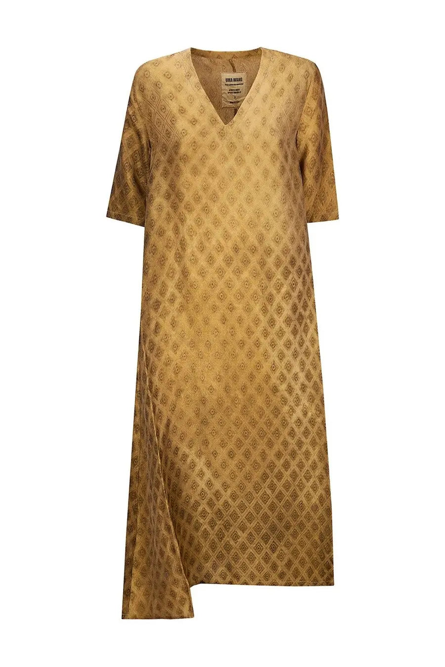 Uma wang women’s midi dress in soft gold with long sleeves a v-neckline and subtle geometric pattern in apostle beige