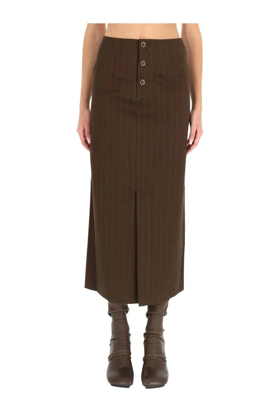 Uma Wang women’s brown pinstripe midi gad skirt with button front closure and side slit in a lightweight fabric