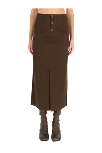 Uma Wang women’s brown pinstripe midi gad skirt with button-front closure and side slit in a lightweight fabric