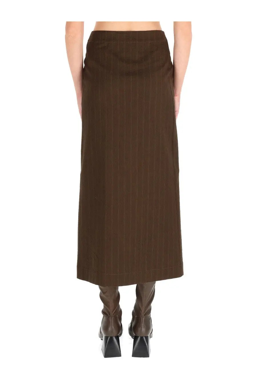 Brown pinstripe midi skirt by uma wang with tailored waistband and straight hem for stylish womenswear