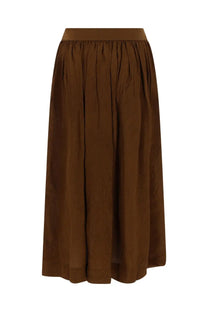 Uma Wang women’s brown midi skirt with flowing fabric gathered waistband and subtle vertical pleats