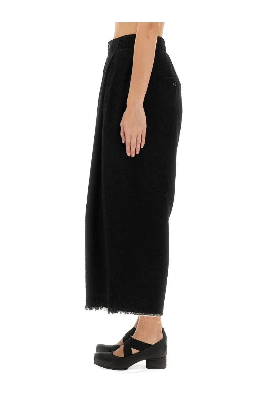 Uma wang women’s black high-waisted wide-leg trousers with frayed hem and poetic design details
