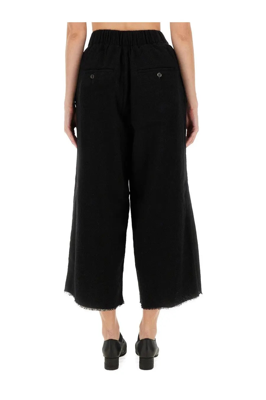 Uma wang women’s black wide-leg trousers with elastic waistband and frayed hems for casual wear