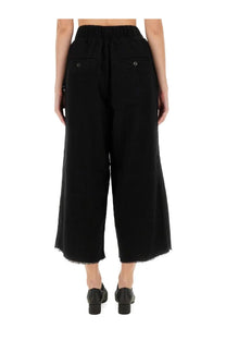 Uma wang women’s black wide-leg trousers with elastic waistband and frayed hems for casual wear