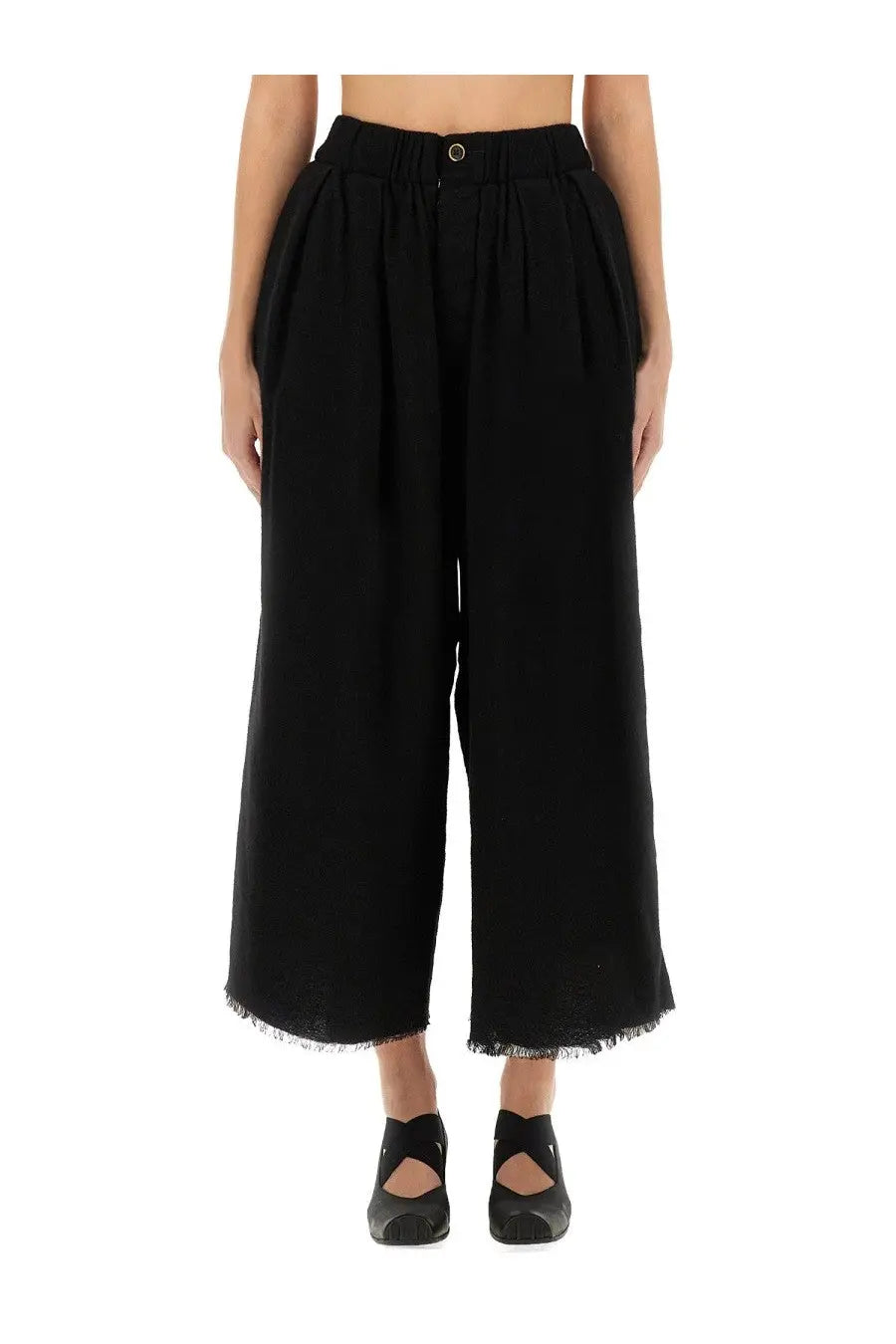 Uma wang women’s black wide-leg trousers with frayed hem and elastic waistband for casual wear