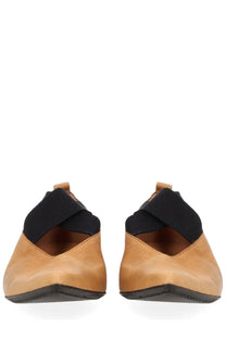 Uma wang women’s pointed ballerina beige tan leather loafers with black elastic straps across the instep