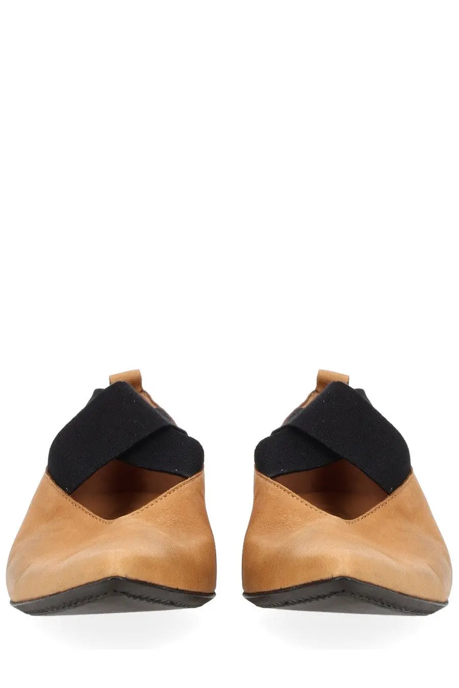 Uma Wang women’s pointed ballerina beige leather loafers with tan color and black elastic straps across the instep